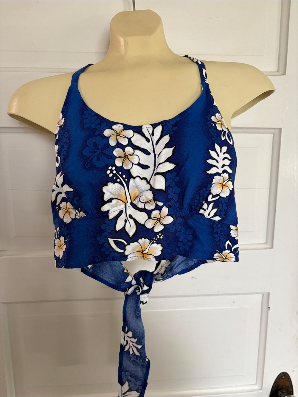 Hawaiian Blue Floral Tie-Back Halter Crop Top - Small to Medium